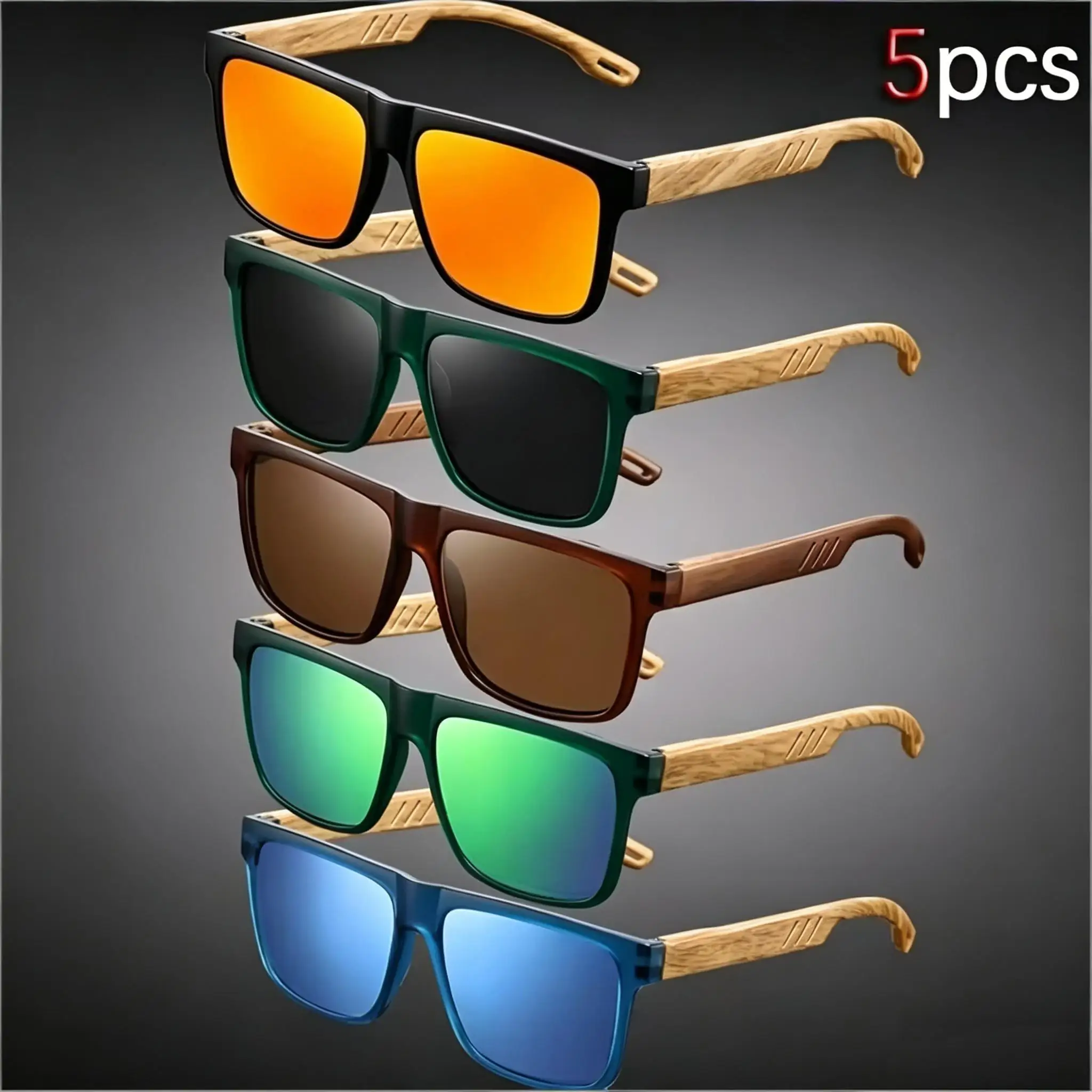Oculos-de-sol-esportivos-estilosos-5-pecas-para-homens-e-mulheres-Oculos-de-pesca-quadrados-para-atividades-ao-ar-livre-protecao-uv-hastes-com-textura-de-madeira