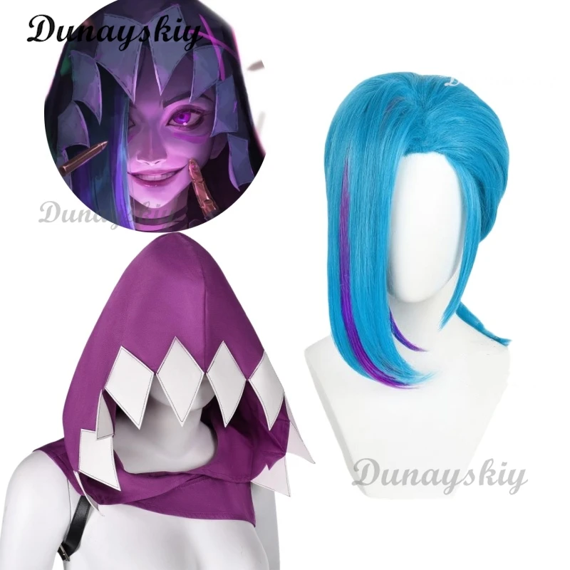 Women Blue 45cm Bangs Short Heat Resistant Hair Jinx Hat Cosplay Anime Arcane Season 2 Jinx Vest Wig Game Cosplay Customized
