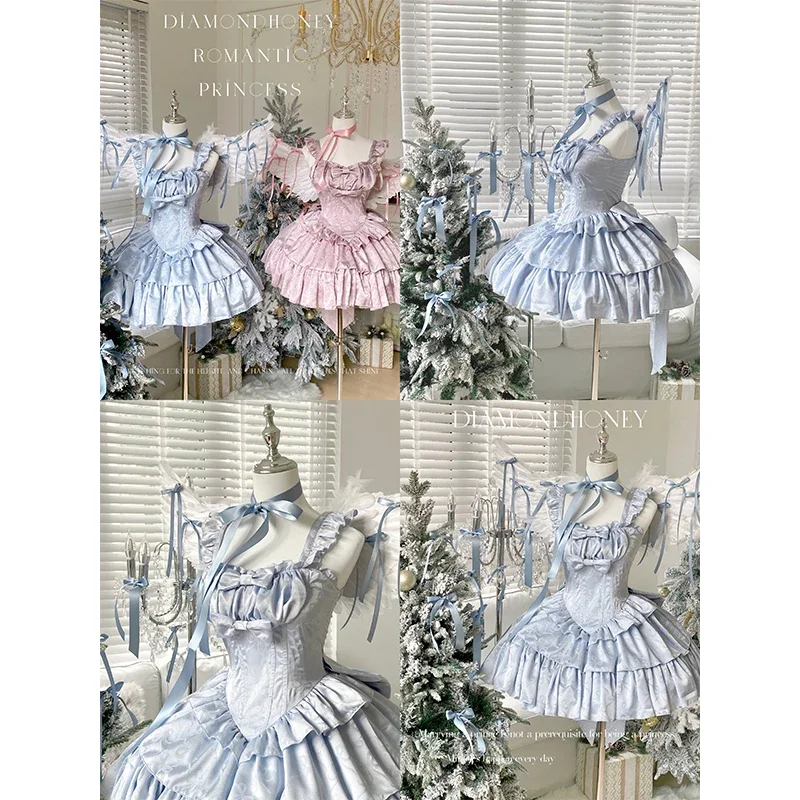 New Fashion Girls Sweet Bow Ribbon Spaghetti Straps Mini Party Dress Lolita Women\'s Sweet Princess Satin Ball Gown Dresses