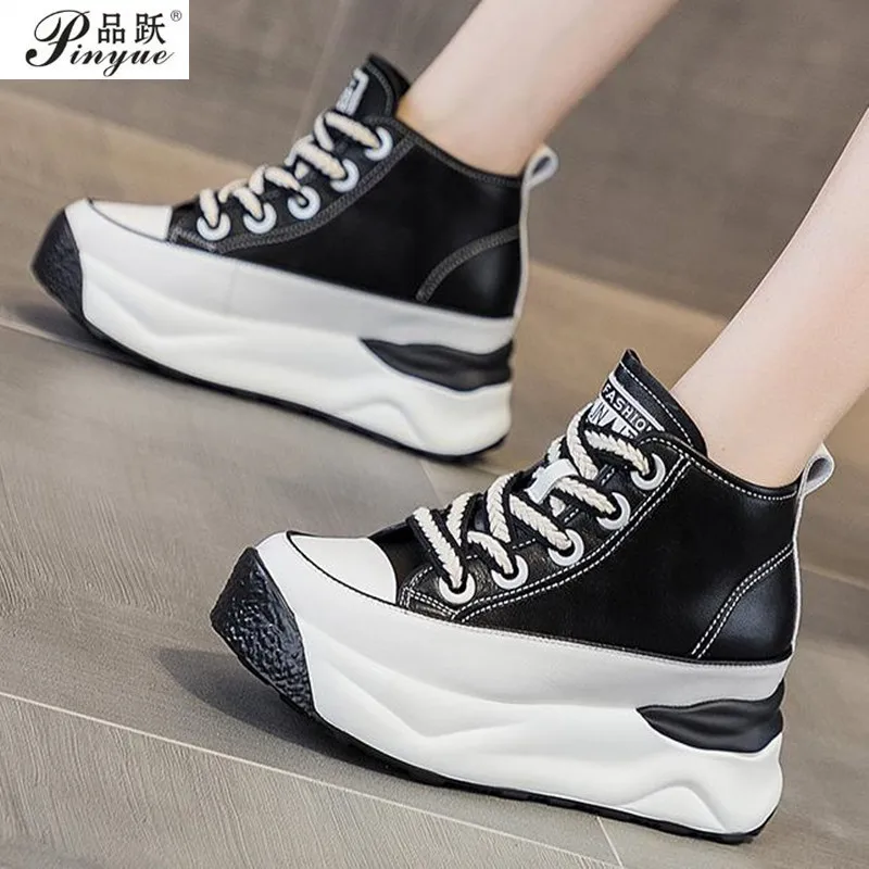 8CM Genuine leather Ladies spring autumn thick soles high  inside increase small white shoes leisure sports Running shoes 32 40