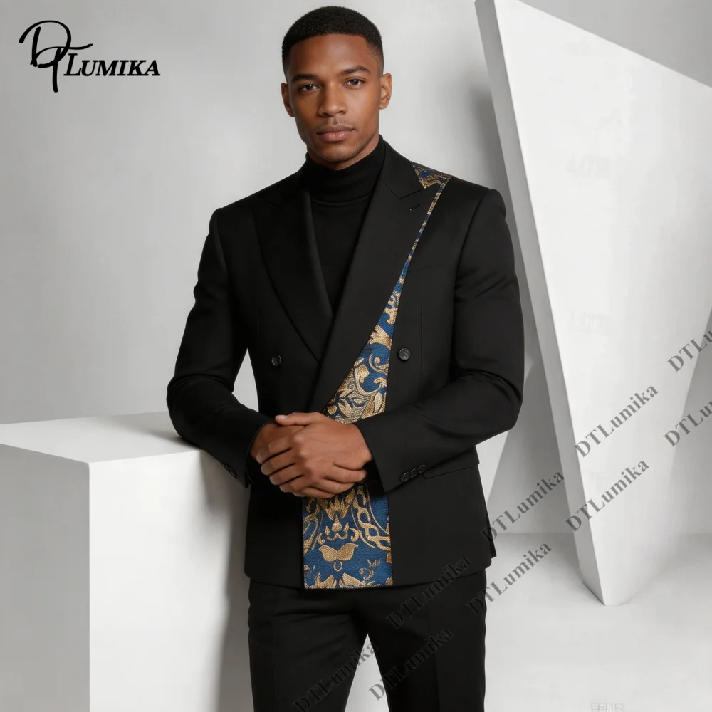 Made To Measure Men Suit 2 Pieces Black Blazer Pants Unique Pattern Lapel Double Breasted Jacket Wedding Guest Party Prom Tuxedo view 5