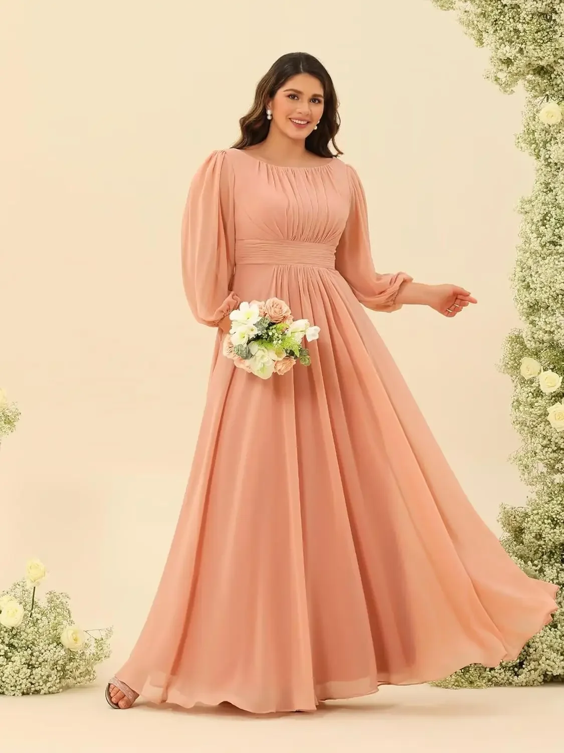 

A Line Long Formal Dresses for Women Plus Size Wedding Guest Dress Chiffon Long Sleeves Bridesmaid Dresses Scoop Neck Pleated