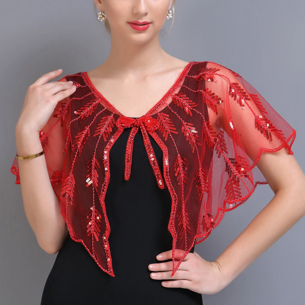 Chal Retro de malla transparente para mujer, chal bordado con cuentas y lentejuelas, Bolero de hoja transparente para fiesta y boda, novedad de los