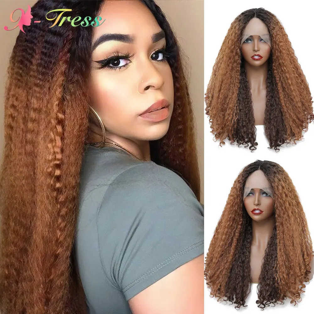 X-TRESS Synthetic Lace Front Wig Ombre Brown Fluffy Kinky Straight with Bouncy Curly Ends T Part Lace Hair Wigs for Black Women