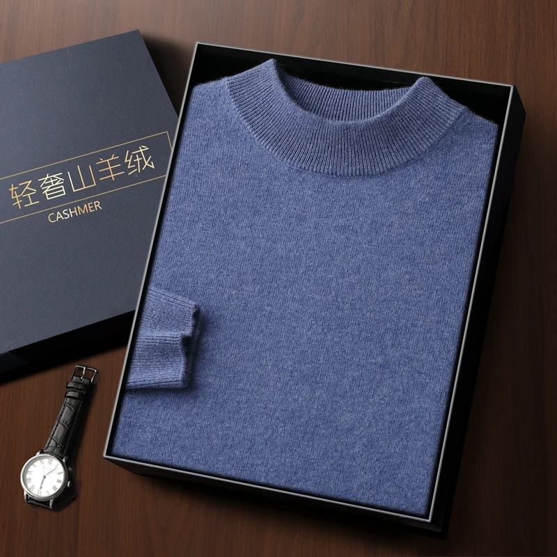 

100% high-quality cashmere men's autumn and winter pullover, solid color, semi high neck, classic multi-functional warm sweater