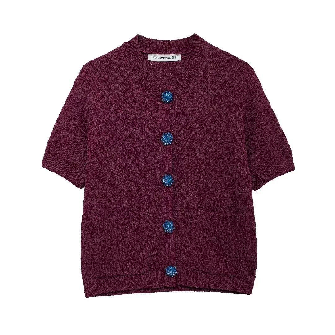 EDSA Women Vintage Burgundy Knitted Cardigan with Gem Button Round Neck Short Sleeves Patch Pocket for Holiday Casual Female