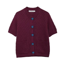 EDSA Women Vintage Burgundy Knitted Cardigan with Gem Button Round Neck Short Sleeves Patch Pocket for Holiday Casual Female