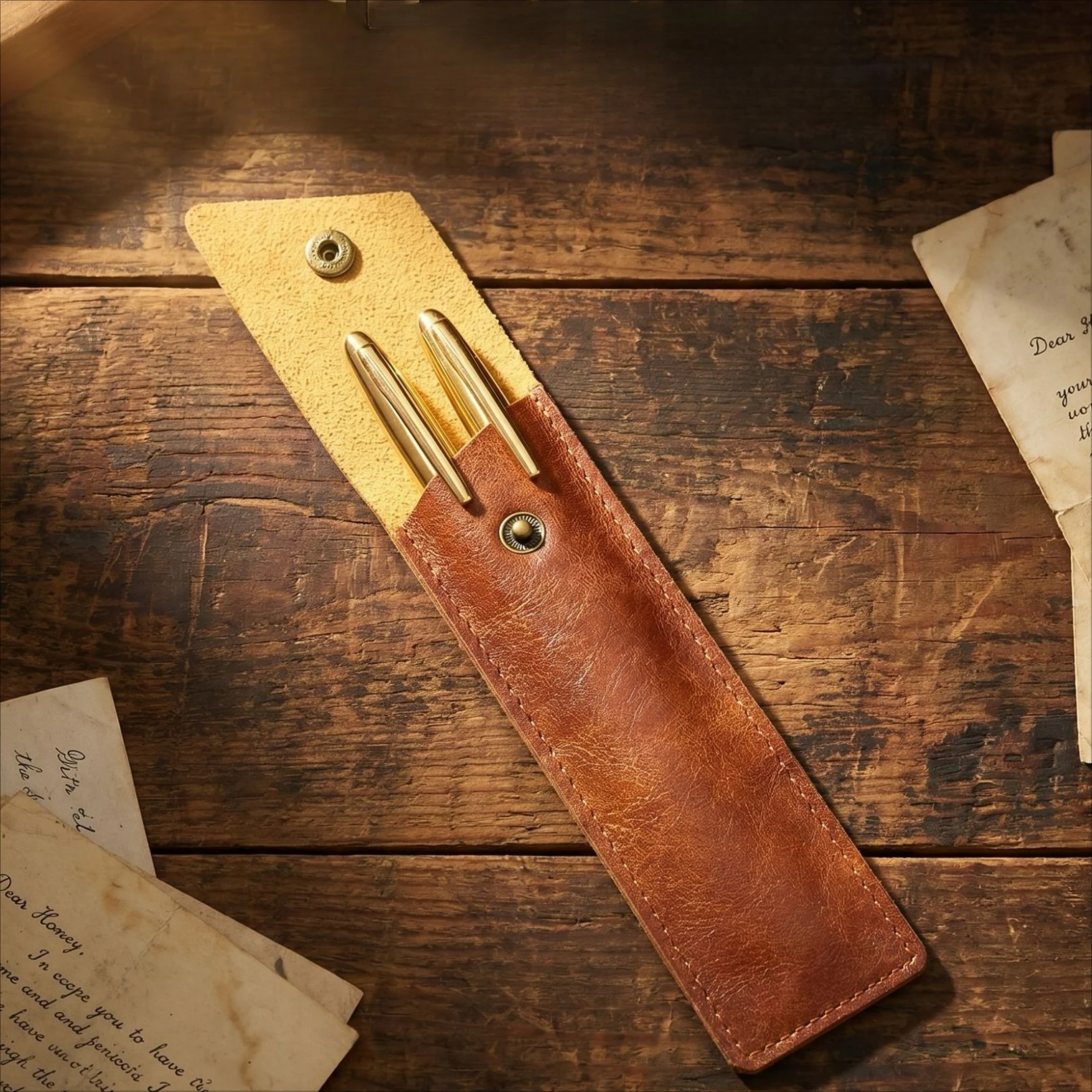 Handmade Wear‑resistant PU Leather Pen Bag, Snap Fastener Closure 2‑Pocket Pen Organizer Compact Writing‑tool Storage Pouch