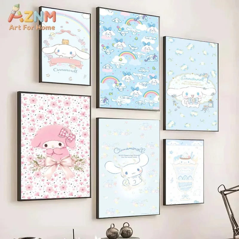 Sanrio Cinnamoroll Canvas Wall Art Unframed Print Blue Tea Party Bow Cute Cartoon Poster for Bedroom Dorm Home Interior Wall Dec
