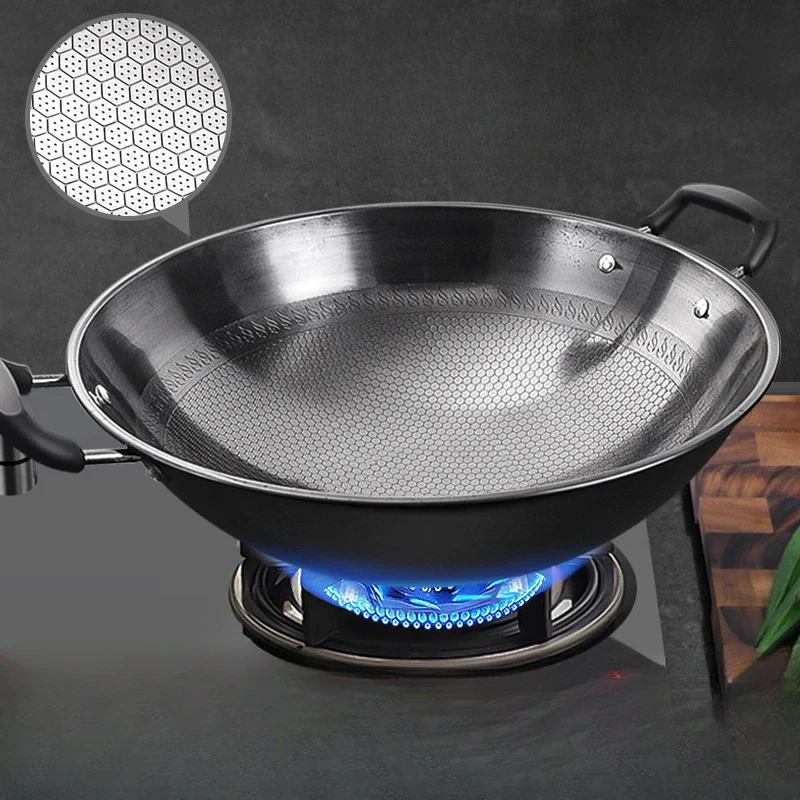 Honeycomb non stick frying pan wok Household round bottom without coating does not produce rust Double eared iron pot cookware