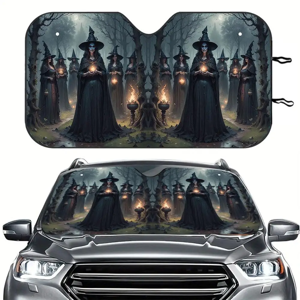 Witch Car Windshield Sunshade with Gothic Witches Bats Moon Design Foldable SUV Sun Shade Front Windshield Cover