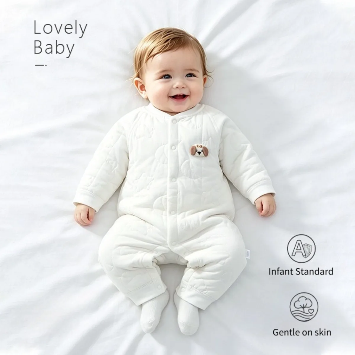 Light Quilted Baby Romper Front Snaps Soft Cotton Onesie Thermal Autumn Winter Infant Toddler Lounge Wear with Cute Patch 0-18M