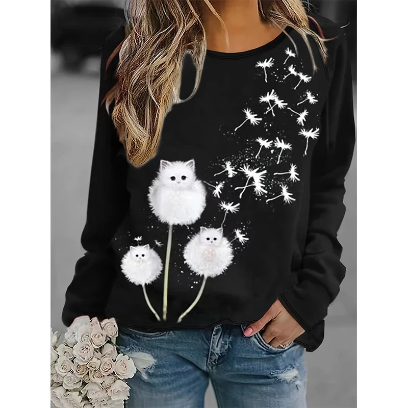 Fashion Cute Cat Dandelion Sweatshirts Floral 3D Print Women New Crew Neck Hoodies Long Sleeve Y2k Pullovers Top Odzież Damska