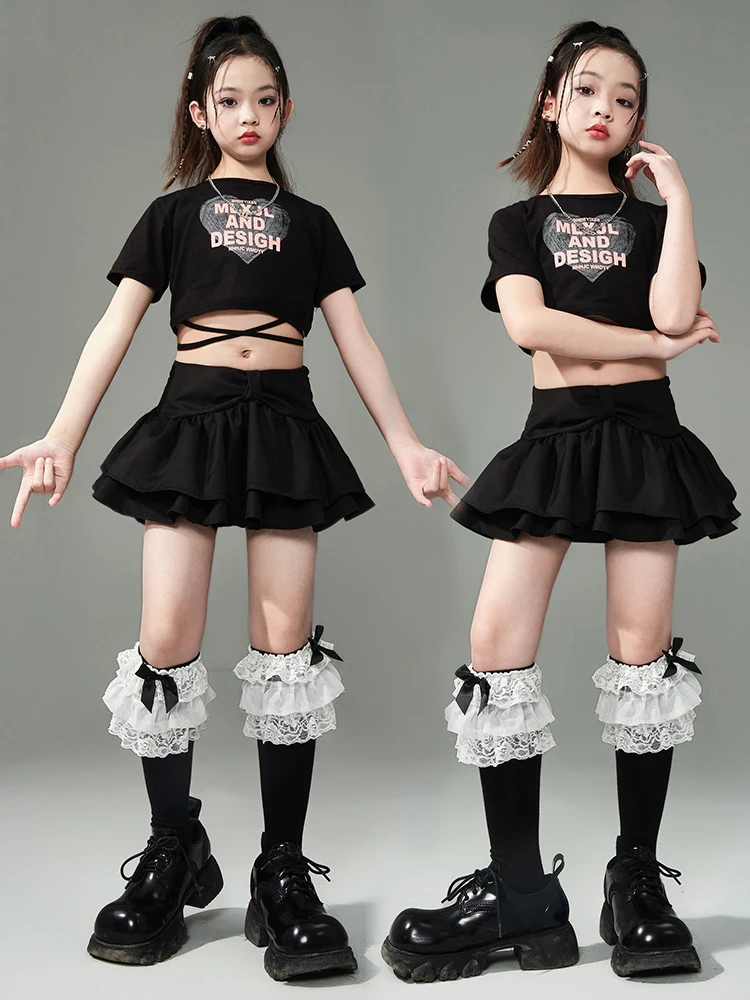 

Girls Jazz Dance Clothes Cheerleading Dance Costume Black Navel Tops Skirt Kids Catwalk Concert Clothing Performance Suit L13024