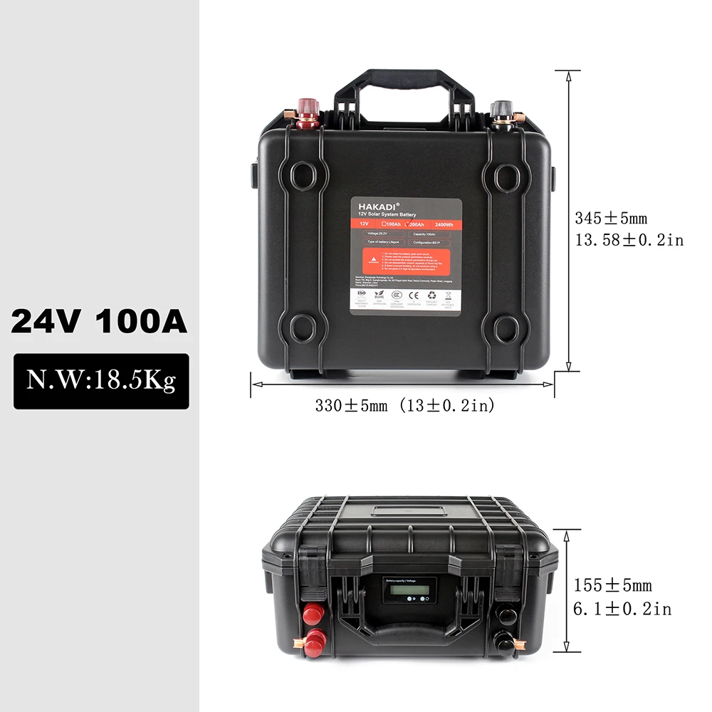 Imagem -04 - Bateria Recarregável Hakadi Build-in Bms com Carregador 3000 Mais Ciclo para Barco Sistema Solar rv 12v 100ah 200ah 24v 100ah