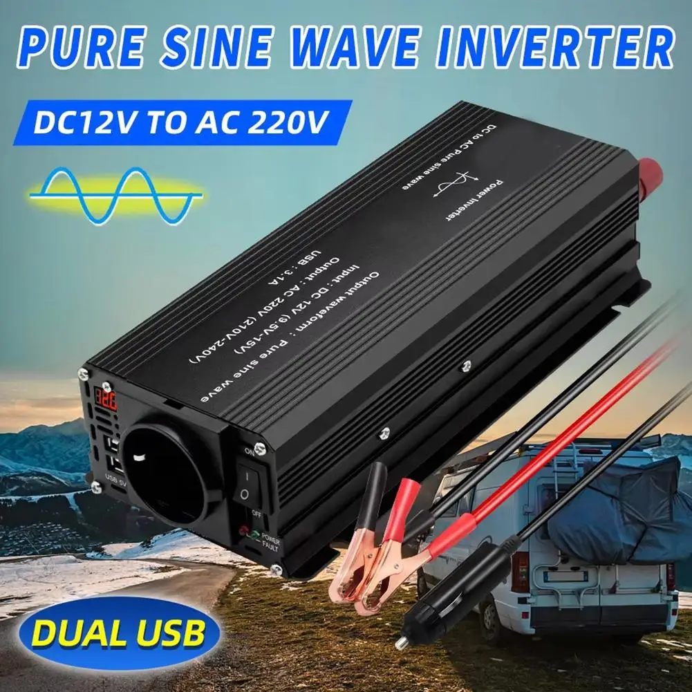 Pure Sine Wave Inverter DC 12V To AC 220V 230V 1500W/2200W/2600W Voltage Transfer Converter Universal EU Socket Auto Accessories