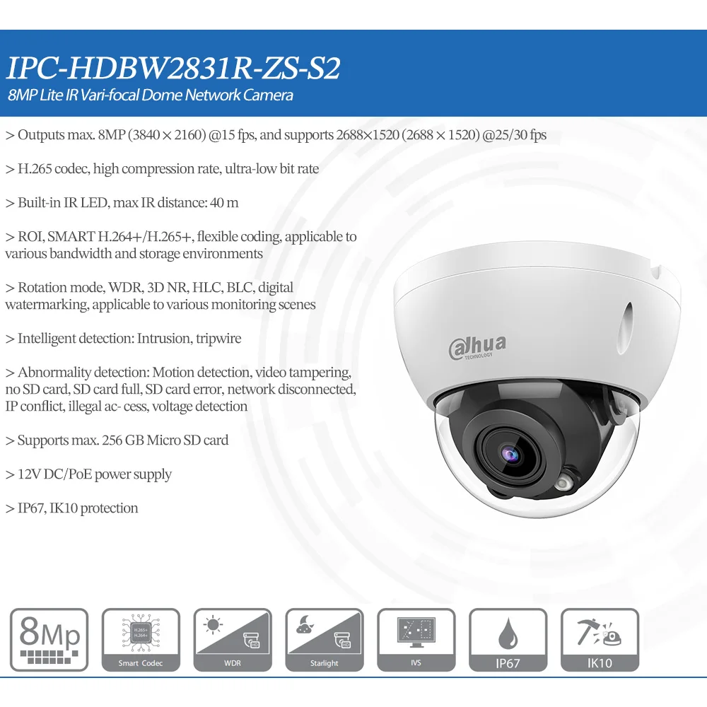 Dahua Original IPC-HDBW2831R-ZS-S2/IPC-HDBW2831R-ZAS-S2 8MP 4K POE 40M IR 2.7-13.5mm 5X Zoom Vari-focal Lite Dome Network Camera