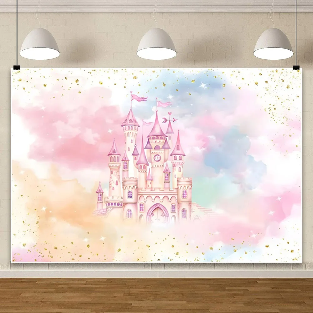 Laeacco Princess Castle Birthday Backdrop Watercolor Pastel Rainbow Gold Glitter Dots Girls Baby Portrait Photography Background