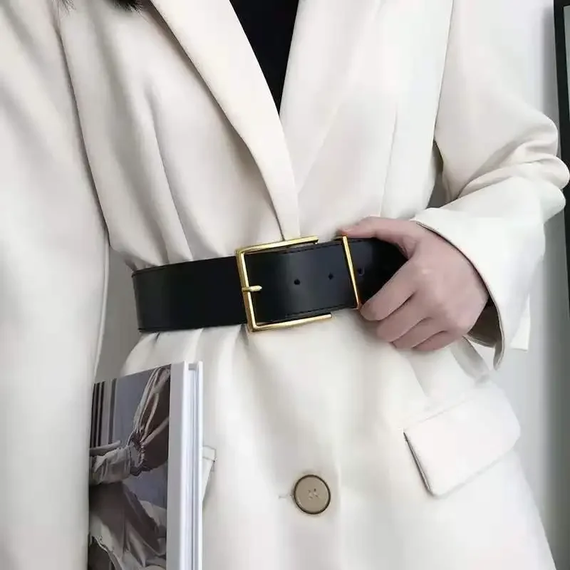 Women\'s Fashion Black Wide Belt Square Pin Buckle Imitation leather Waist Strap Decorative Coat Dress Simple Dress Waistband