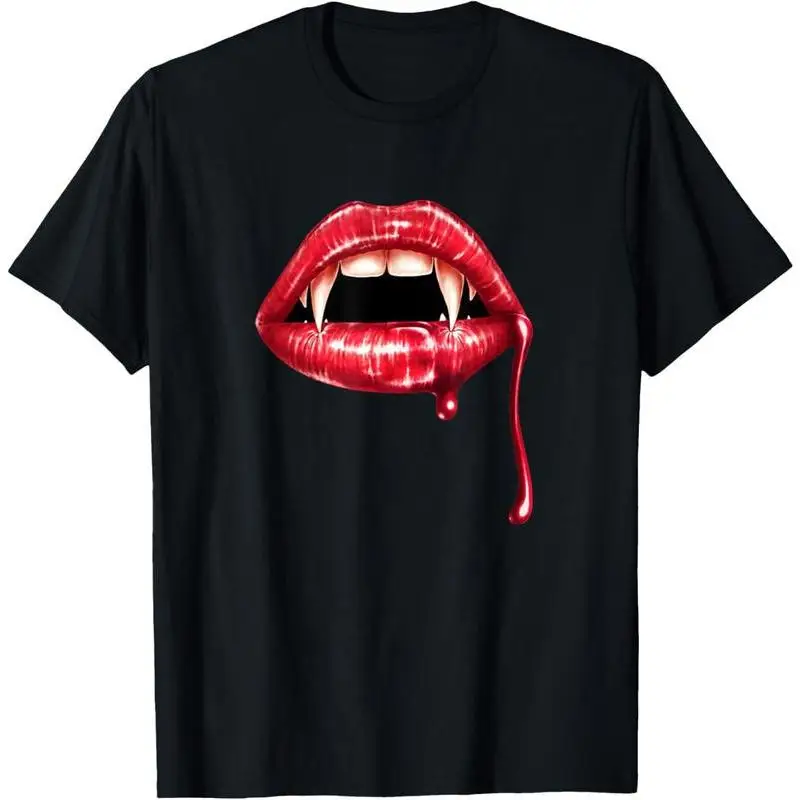 

Gothic Vampire Lips Graphic T-shirt for Women Halloween Fashion Fangs Horror Punk Aesthetic Tee Dark Grunge Streetwear Top