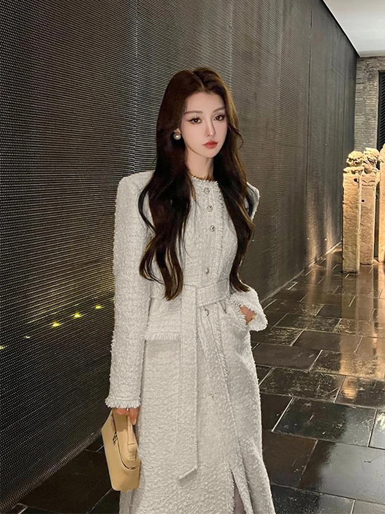 

white tweed coat for women's autumn / winter 2023 new length jacket coat wool one-piece classics Women's Coat