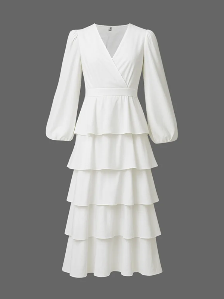 Freeacy feminino sólido branco em camadas plissado vestido com decote em v mangas compridas puff cintura alta vestido plissado 2025 moda vestidos de festa