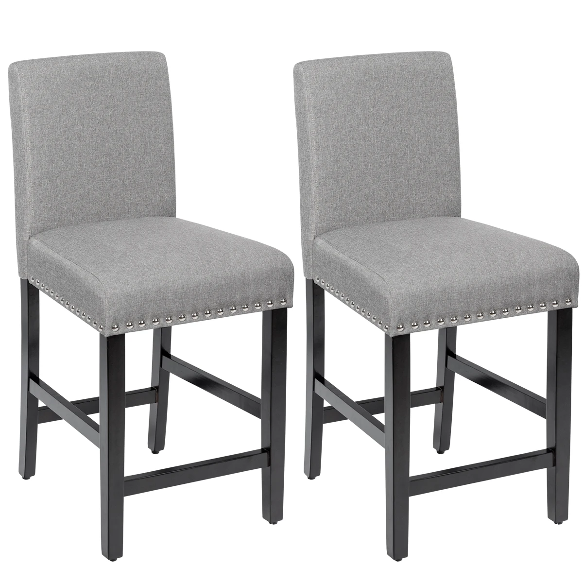 Set of 2 bar stools, padded bar chairs with rubber wood legs, Breathable linen fabric & Back, Bistro stool