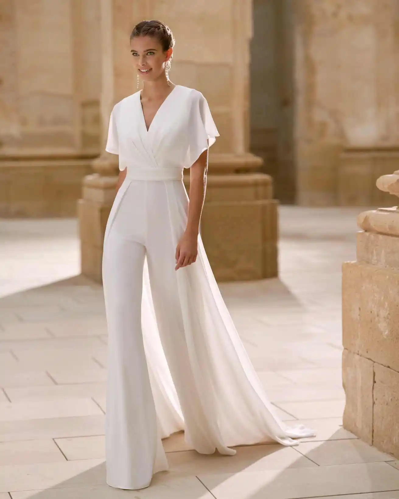 Elegant Bridal Jumpsuit V Neck Flutter Sleeve Chiffon Sweep Train Formal Bride Party Outfit Vestido De Novia Customized