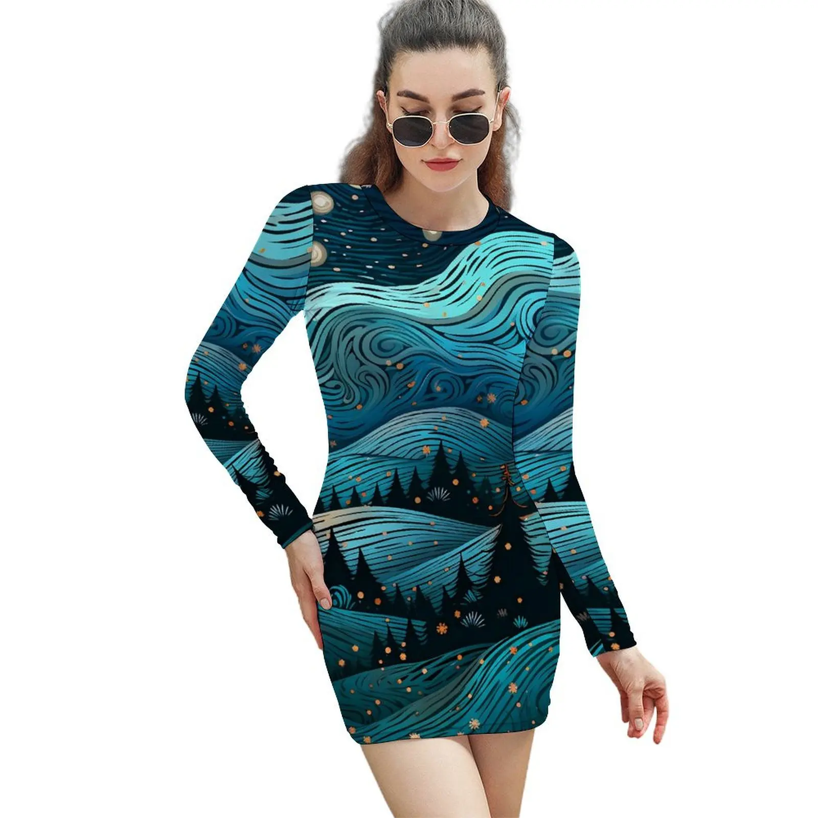 

Starry Night Print Bodycon Dress Ladies Abstract Swirls Sexy Dresses Autumn Long Sleeve Street Style Design Dress Big Size