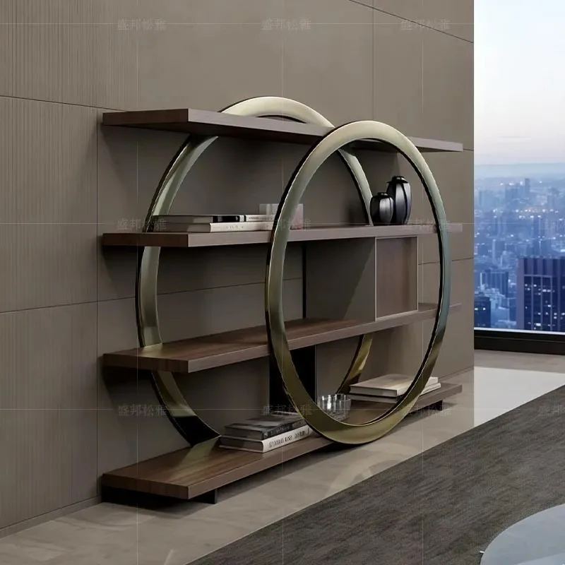 stainless steel bookshelf floor-to-wall household shelf high-end creative solid wood multi-layer partition display rack