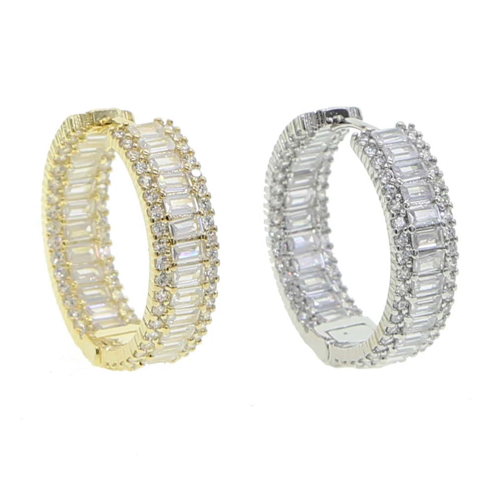 2024 Bling New Luxury Gold Color Iced Out Round Circle Rectangle CZ Earring Hiphop Cubic Zirconia Hoop Huggie Earrings For Women