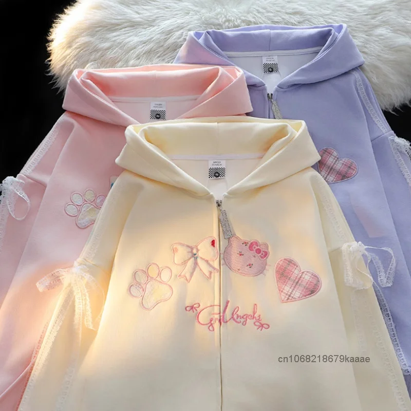 Sanrio Cute Cartoon Hello Kitty Lace Design Hoodie Women\'s New Loose Casual Cardigan Japanese Style Kawaii Harajuku Sweatshirt