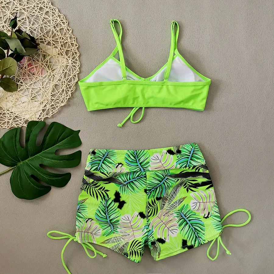 2025 新しい女性のビキニセット蛍光グリーンハイウエスト花柄 2 ピース水着巾着プリーツ V ネック水着