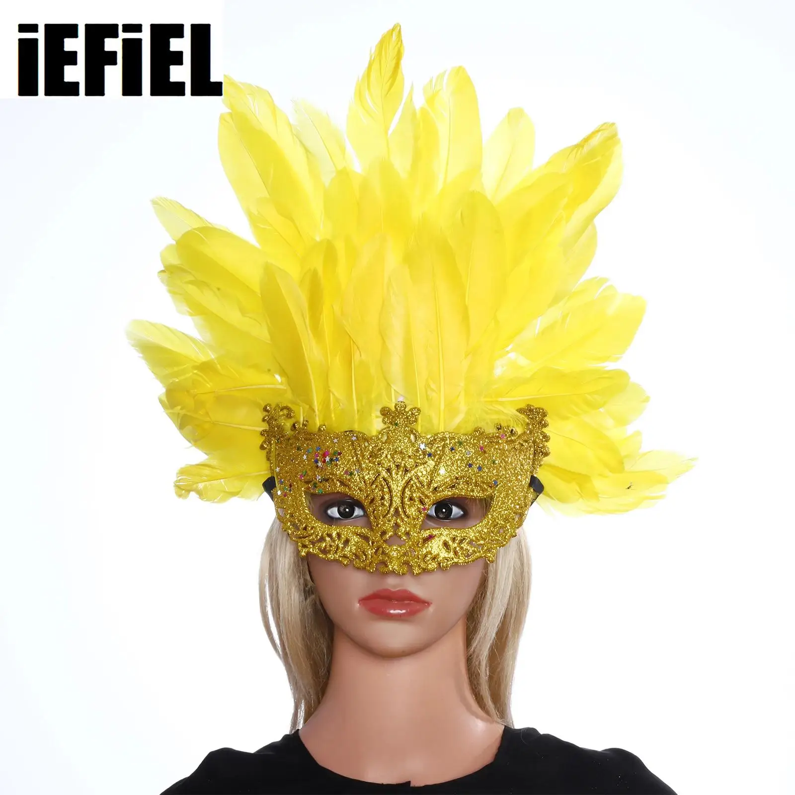 

Unisex Glittery Self-tied Ribbon Mask Elastic Strap Feather Headgear Halloween Masquerade Cosplay Head Accessory Party Props Set