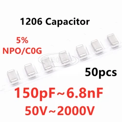 Condensador de 50 piezas, 1206 SMD, 150/180/220/270/330/390/470/560/680/1/1/820PF, 2/1.5/1.8/2.2/2.7/4.7/5.6/6.8NF NPO C0G ± 5% 1000V 2000V