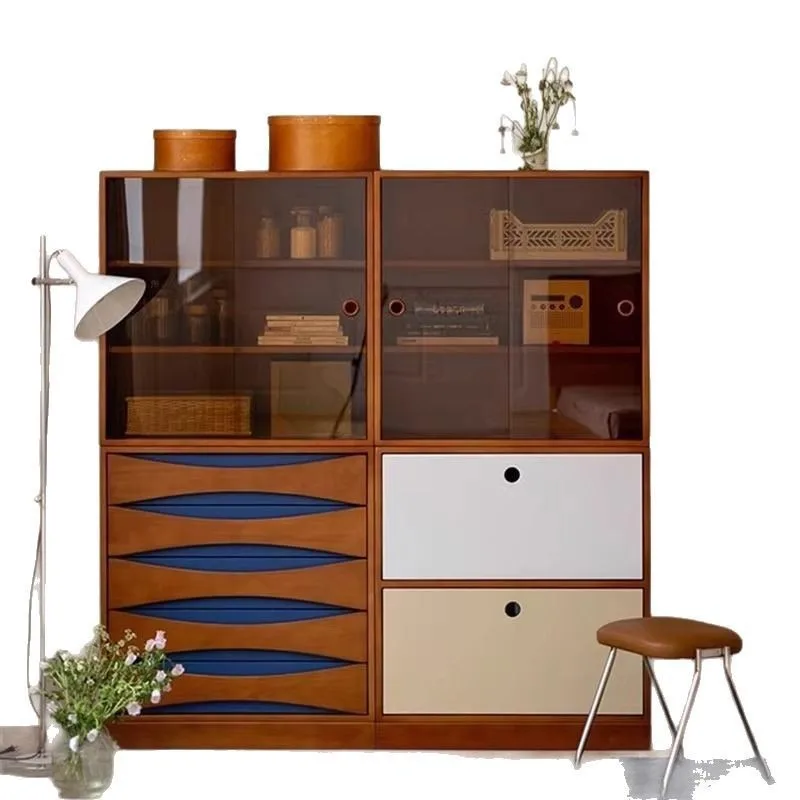 Simple solid wood combination in the living room for home use, retro bookcases and cabinets by the dining side