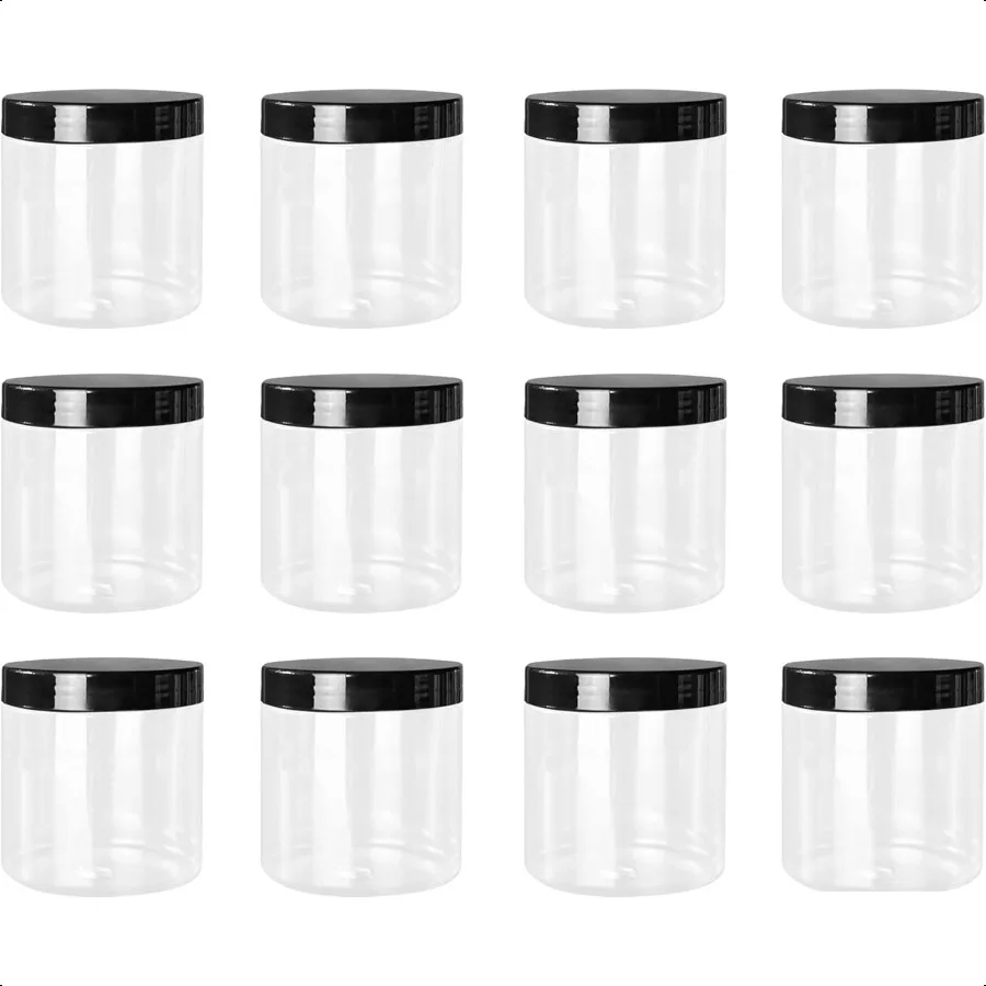 

Lawei 12 Pack Plastic Jars with Lids 16 Oz Clear Storage Jars with Black Screw Lids Refillable Round PET Plastic Containers Wid