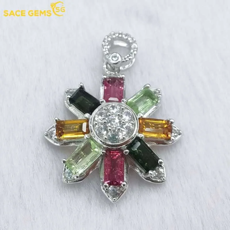 SACE GEMS Luxury 925 Sterling Silver Colourful Tourmaline Pendant Necklaces for Womne Sparkling Fine Jewelry Birthday Gift