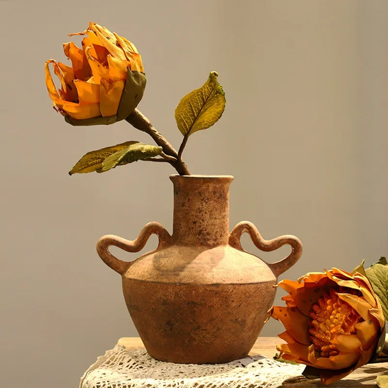 Ceramic Vase Retro Pot Rough Pottery Geometric Handle Flower Vase Flower Arrangement Accessories Flowerpot Home Decoration