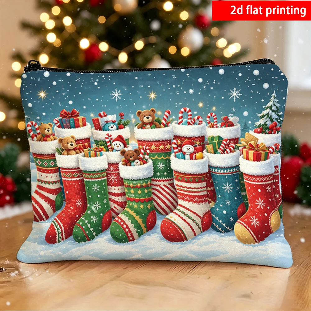 Christmas Cosmetic Bag Cute Xmas Stockings Bear Toy Gift Box Snowflake Zipper Makeup Pouch Travel Storage Bag Holiday Gift Women