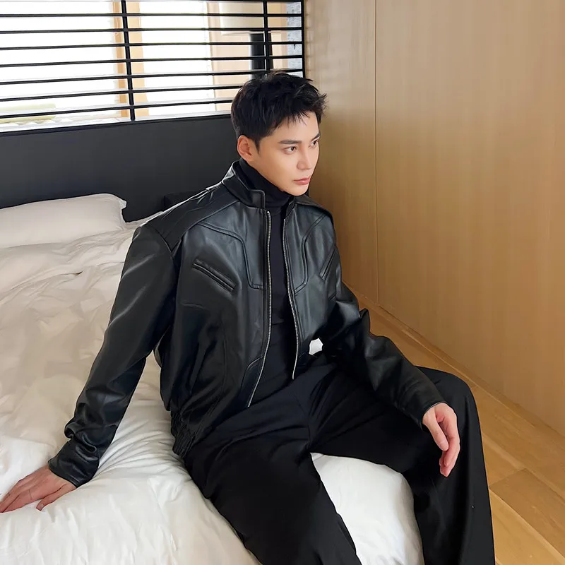 

Autumn Winter Men's PU Leather Jaet ort Sle Stand Collar Bla Retro Motorcycle Vintage Faion Casual Outerwear