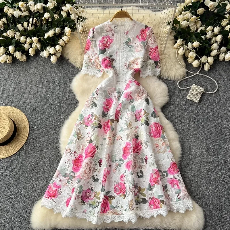 

WAKUTA French Vintage Lace Round Neck Strapless Printed Crop Dress Fashion Splicing Receiving Waist Party Vestido Elegante Mujer