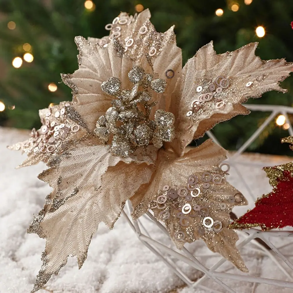 Flower Head Artificial Christmas Flowers Shiny Handmade Simulated Sequined Flower DIY Xmas Tree Ornaments Party Supplies - Image 2