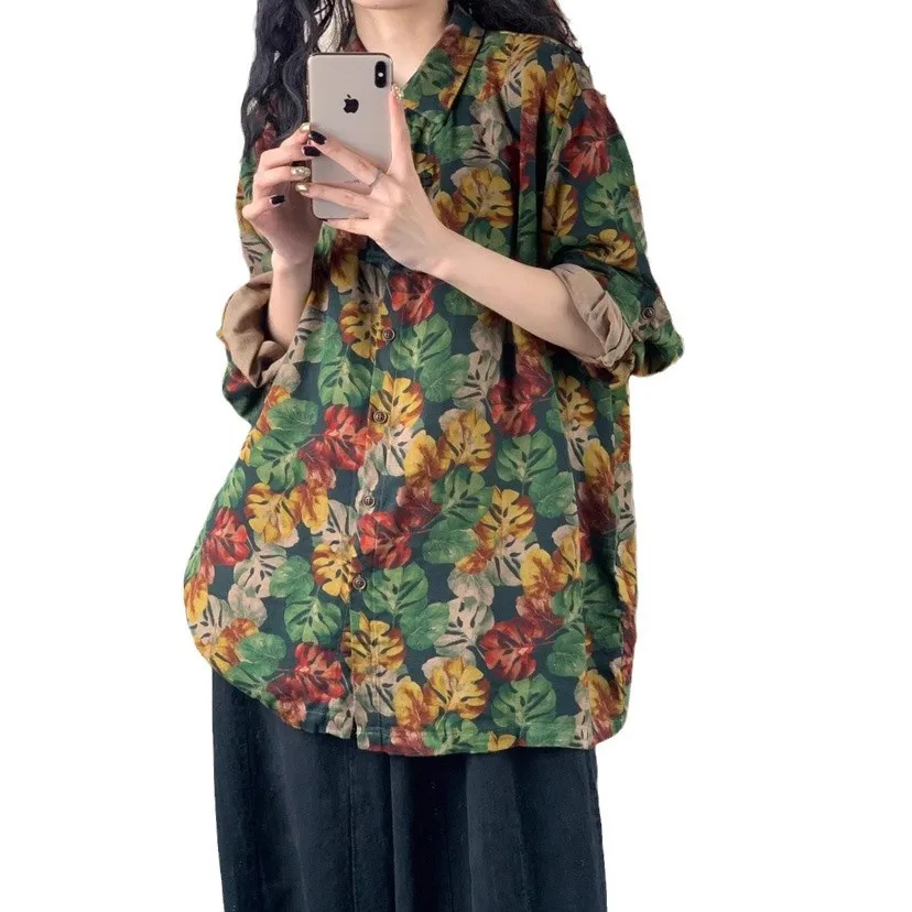 2025 Spring New Fashion Hong Kong Style Women's Artistic Retro Printing Chinese Knot Button Loose Cardigan Shirt 9029