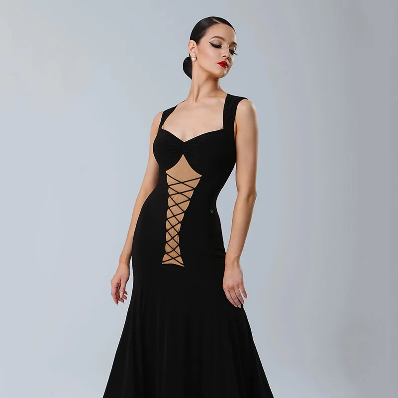 Standard-Tanzkleid für Damen, Walzer-Wettbewerbskleidung, schwarz, ärmellos, Performance-Kleider, Gesellschaftstanz, Bühnenkostüme 2415