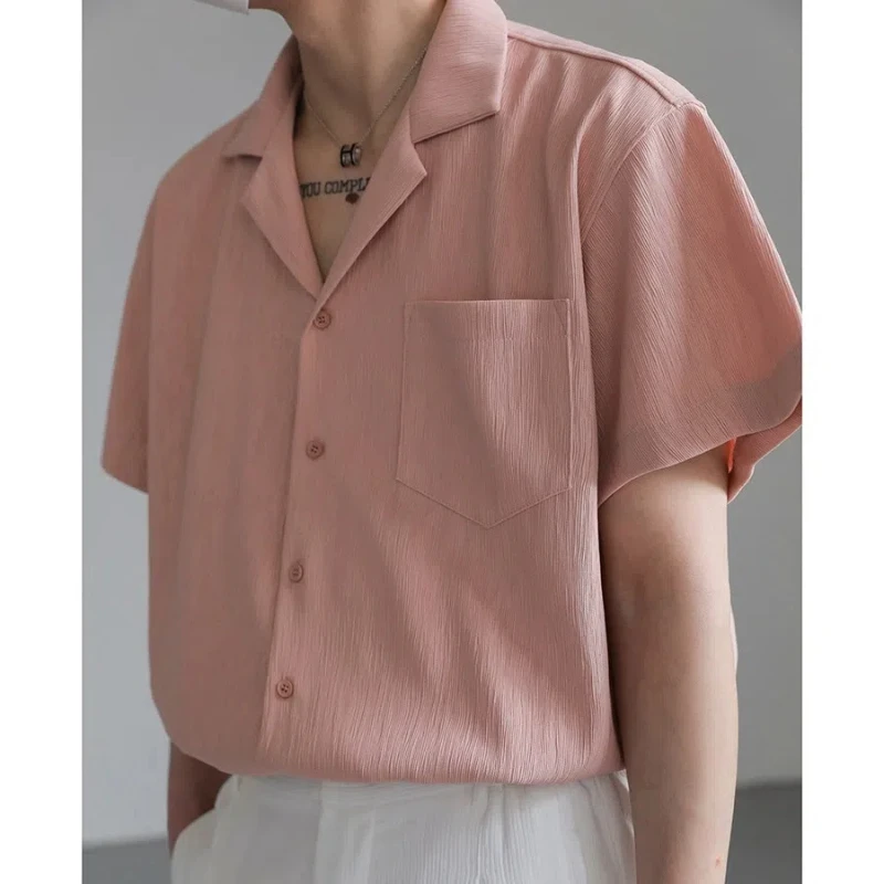 Fashion Summer Men Clothing White Shirts Solid Lapel Single Breasted Pocket Korean High Street Casual Short Sleeve Loose Tops