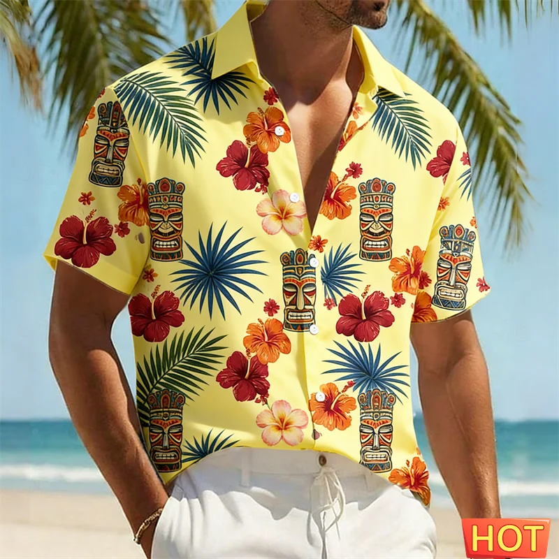 

Men's Tiki Hawaiian Shirt Tropical Floral & Tribal Mask Print Casual Short Sleeve Button Down Shirts Summer Beachwear Vacation