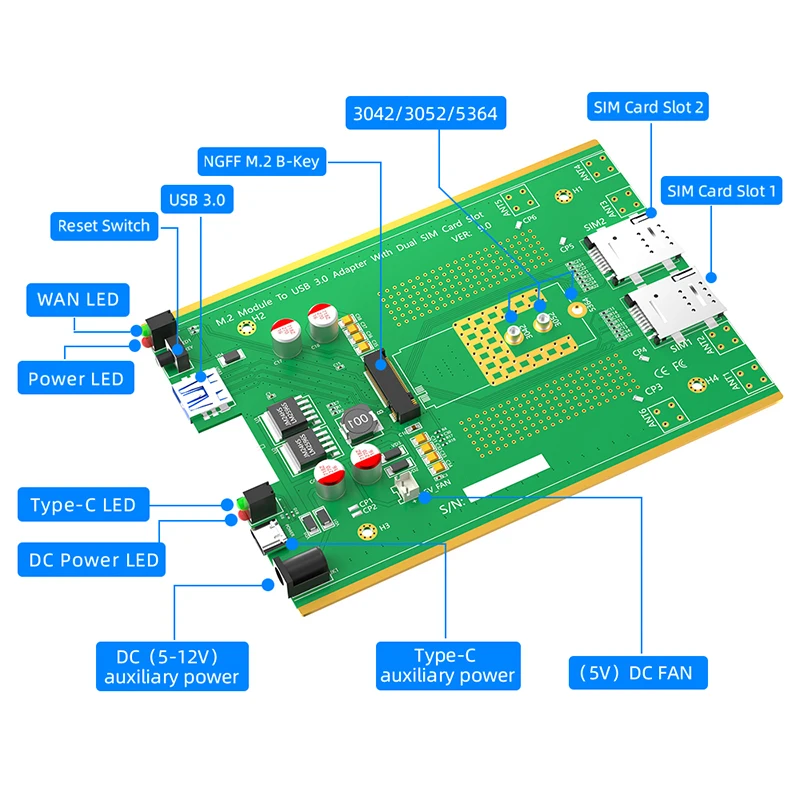 Ngff-USB 3.0アダプター,m.2 ngff 3g,4g,5g,冷却ファン,デュアルSIMスロット,DC,タイプc,3042, 3052, 5374,用電源m2キーbカード