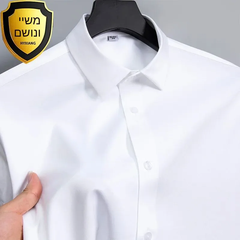 

Men's Summer White Glossy Non-Ironing Shirt Wide Fit Thickened Autumn Collar Nine Sleeve Length Placket Closure Regular ...