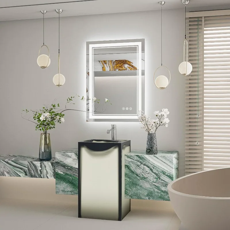 Cermin LED Kamar Mandi 24X32 dengan Lampu, Lampu Depan & Lampu Latar Kontrol Terpisah, Cermin Menyala Kamar Mandi dengan 3 Warna Steple